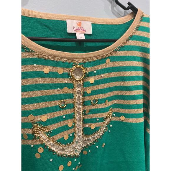 Quacker Factory Womens Knit Top Size 2X Kelly Green Gold Sailor Nautical Anchor - Picture 6 of 8